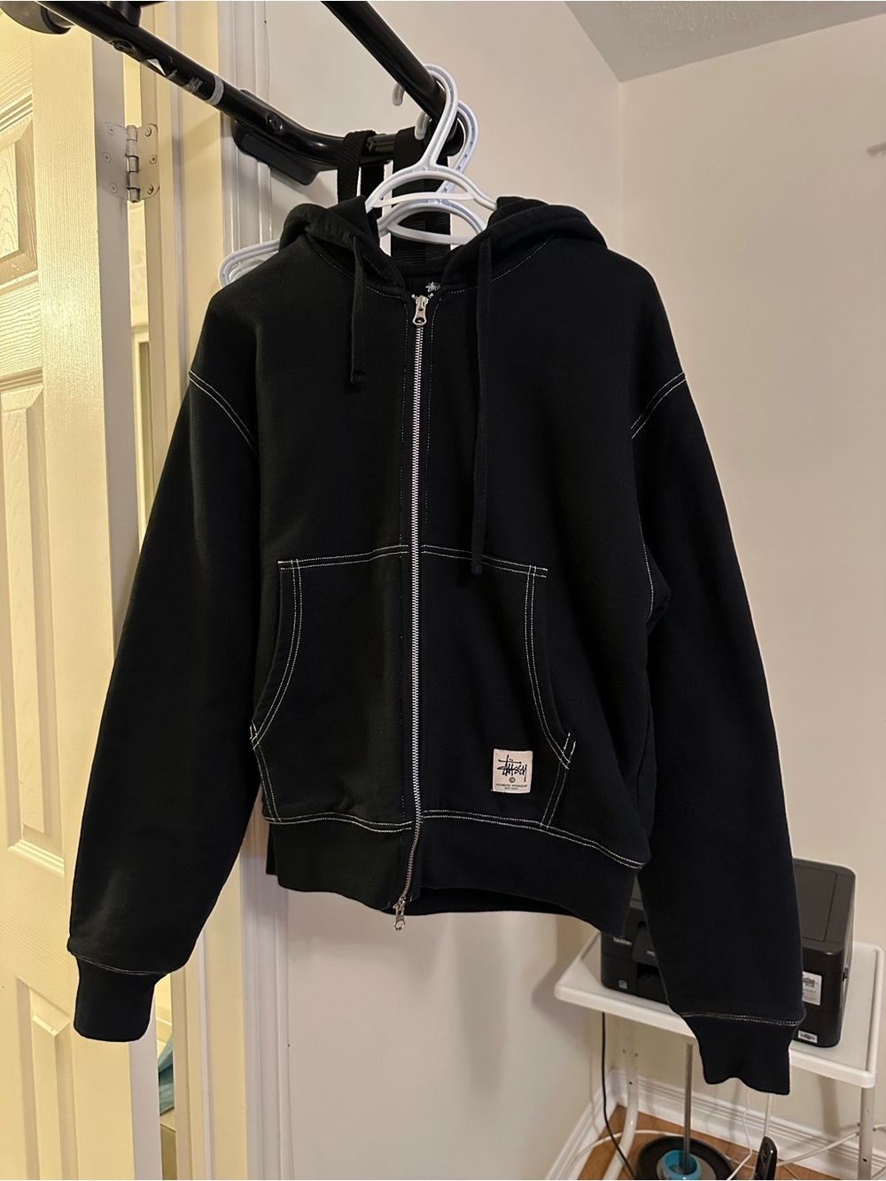 Black Stussy Zip-Up Hoodie with Contrast Stitching